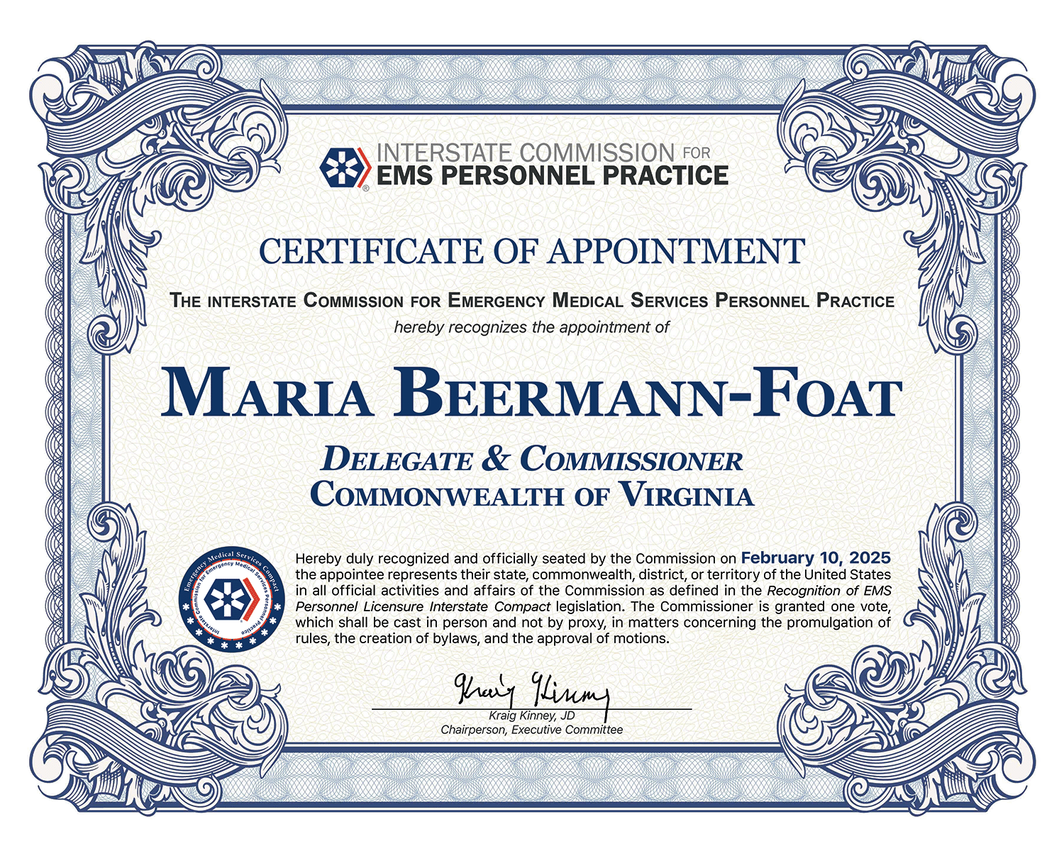 Cert-of-Appointment.png Commissioner Maria Beermann-Foat, PhD, Virginia