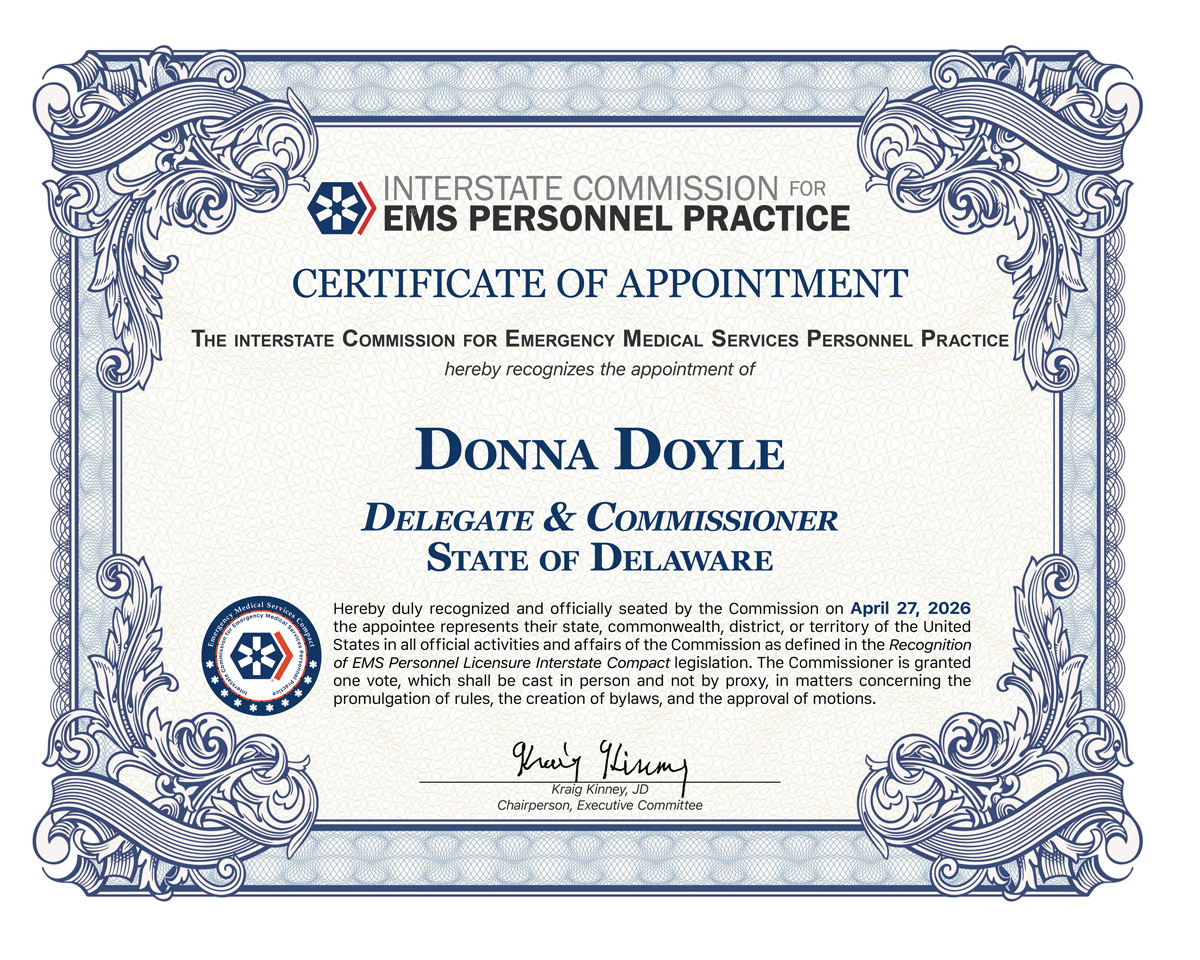 Certificate of Appointment for Commissioner Donna Doyle, State of Delaware