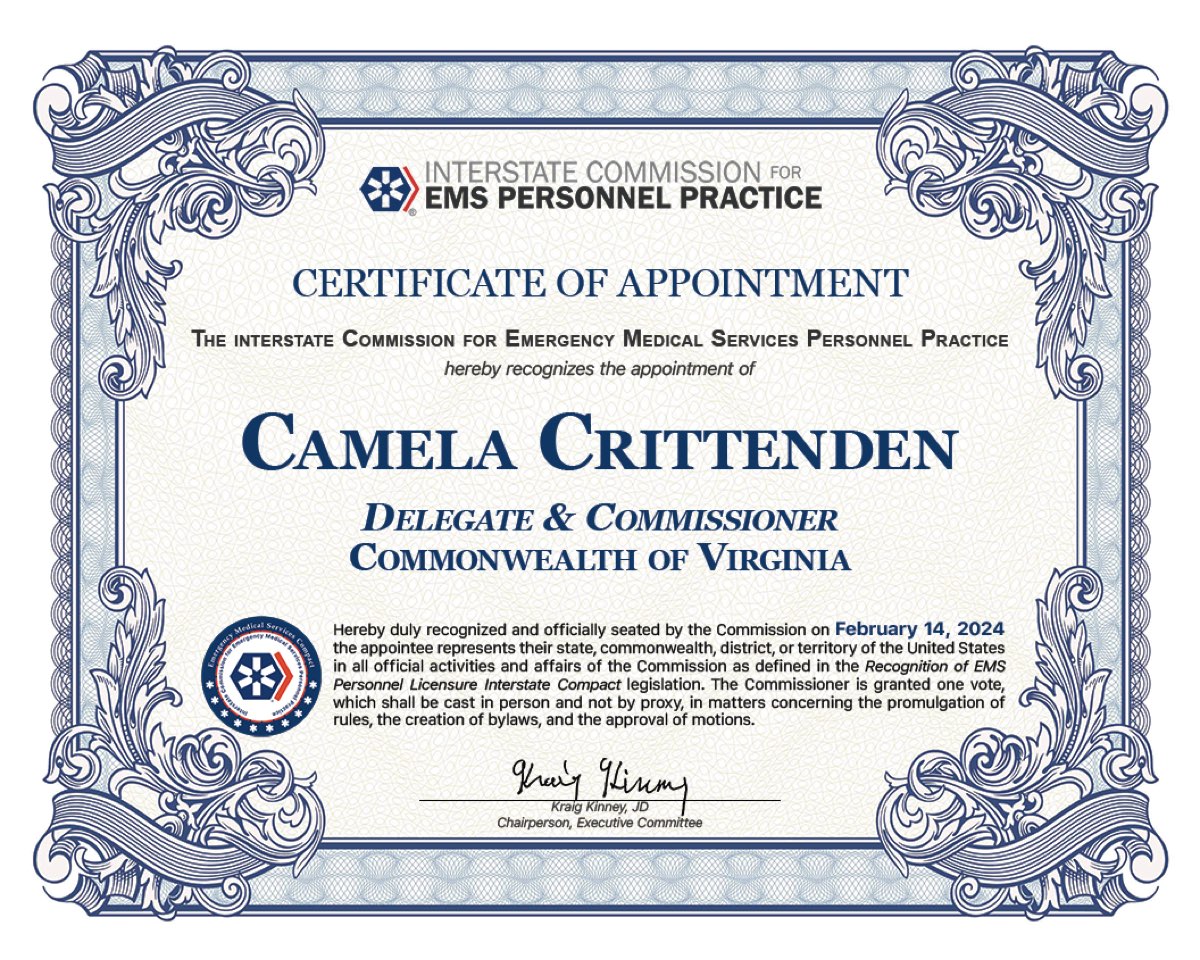 Certificate of Appointment, Camela Crittenden