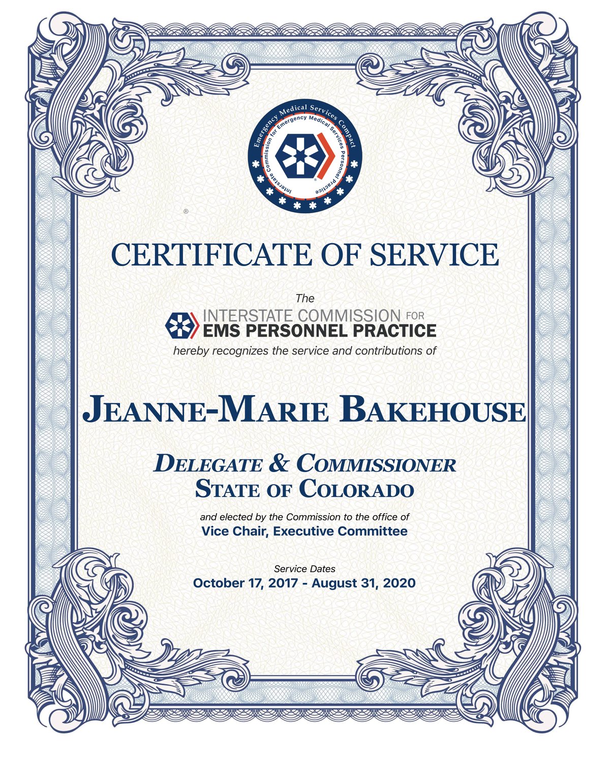 Certificate of Service, Jeanne-Marie Bakehouse