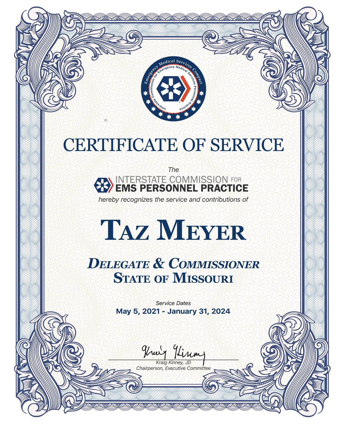 Certificate of Service, Taz Meyer
