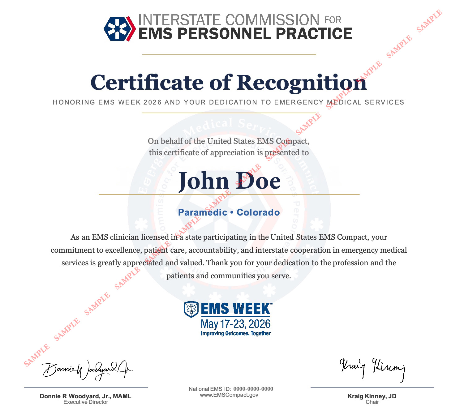 Sample EMS Week Certificate of Recognition