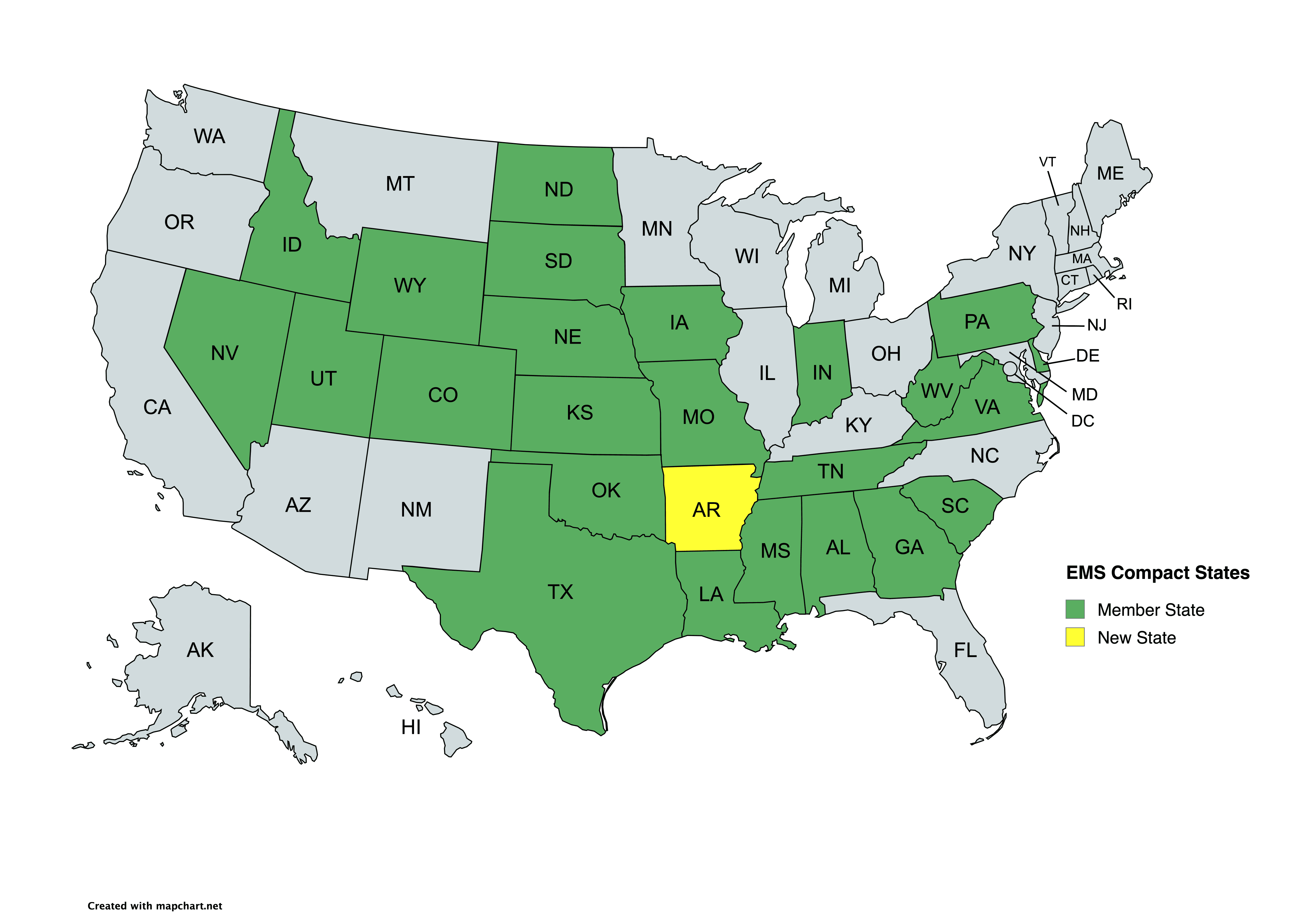 Map of United States EMS Compact participating states