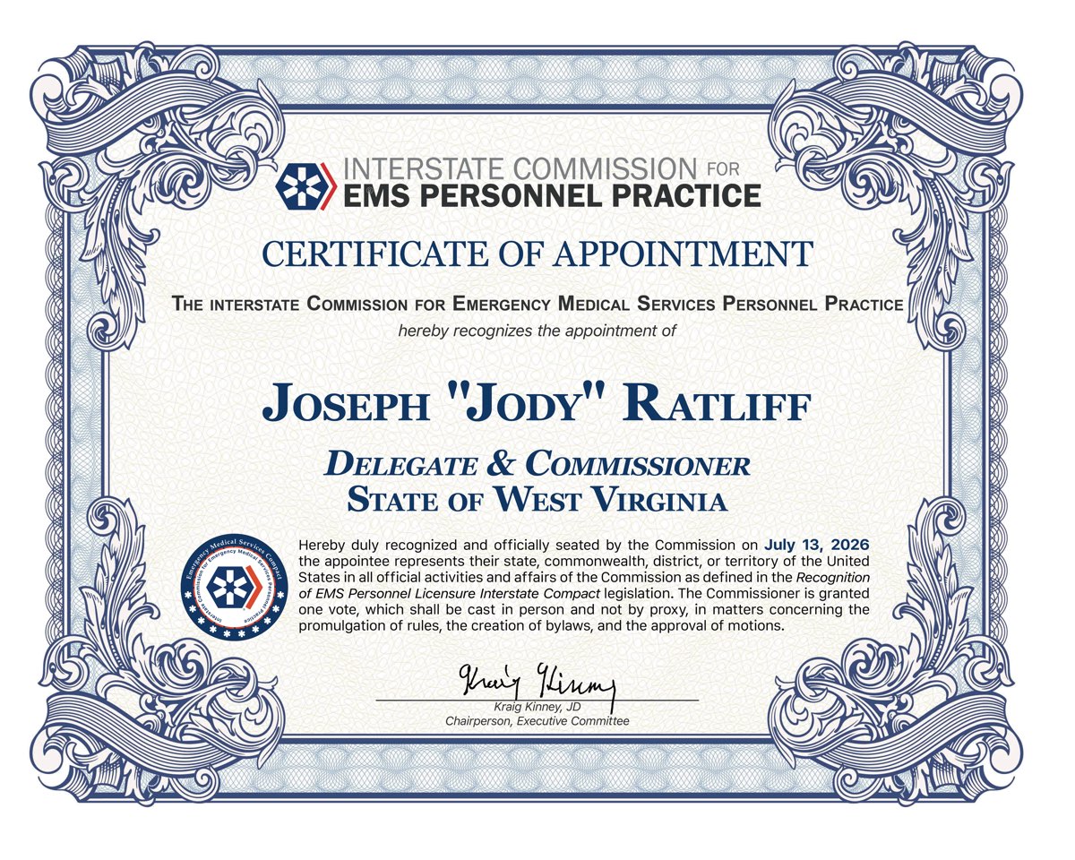 Certificate of Appointment recognizing Joseph 'Jody' Ratliff as Delegate and Commissioner for the State of West Virginia