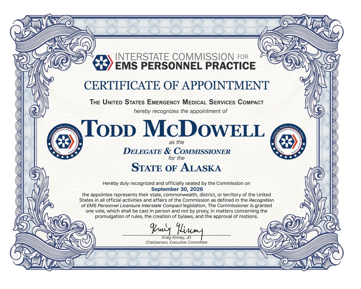 Certificate of Appointment recognizing Todd McDowell as Delegate and Commissioner for the State of Alaska