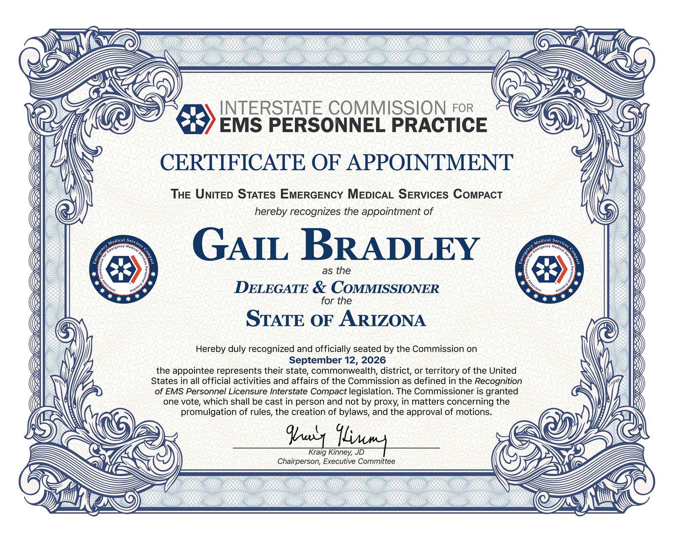 Certificate of Appointment recognizing Gail Bradley as Delegate and Commissioner for the State of Arizona